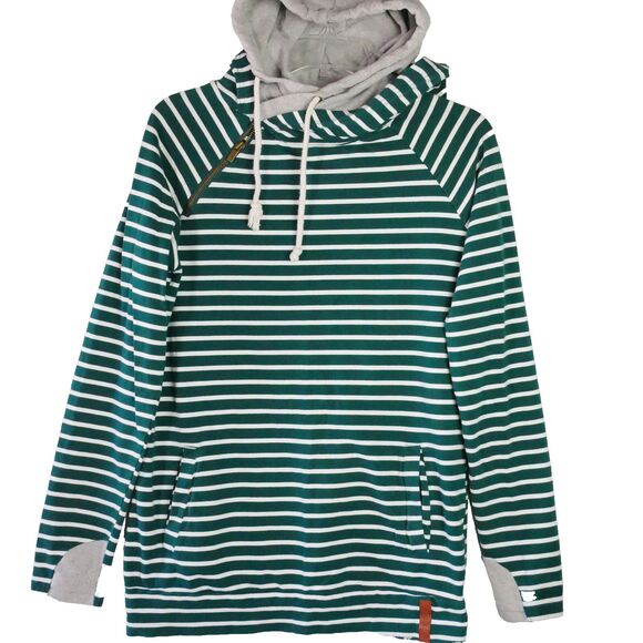 Ampersand Ave Womens Size M Green Striped Gray DoubleHood Sweatshirt - Picture 1 of 14